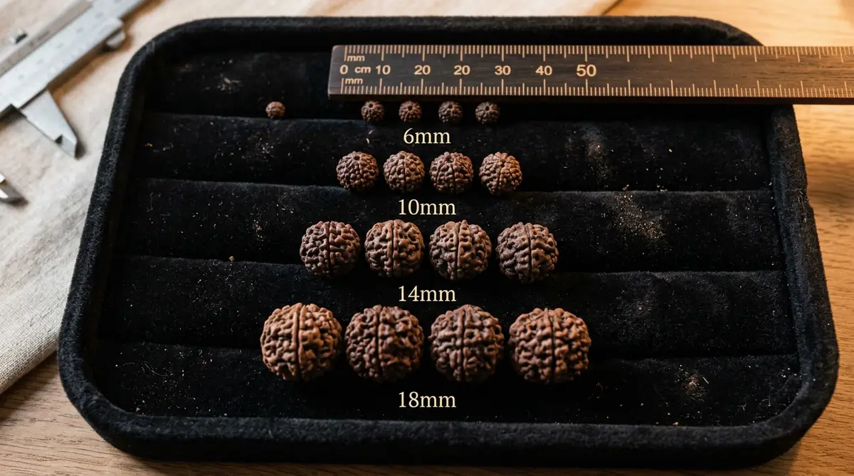 Comparison of different sized natural Rudraksha beads ranging from 6mm to 18mm on a dark tray