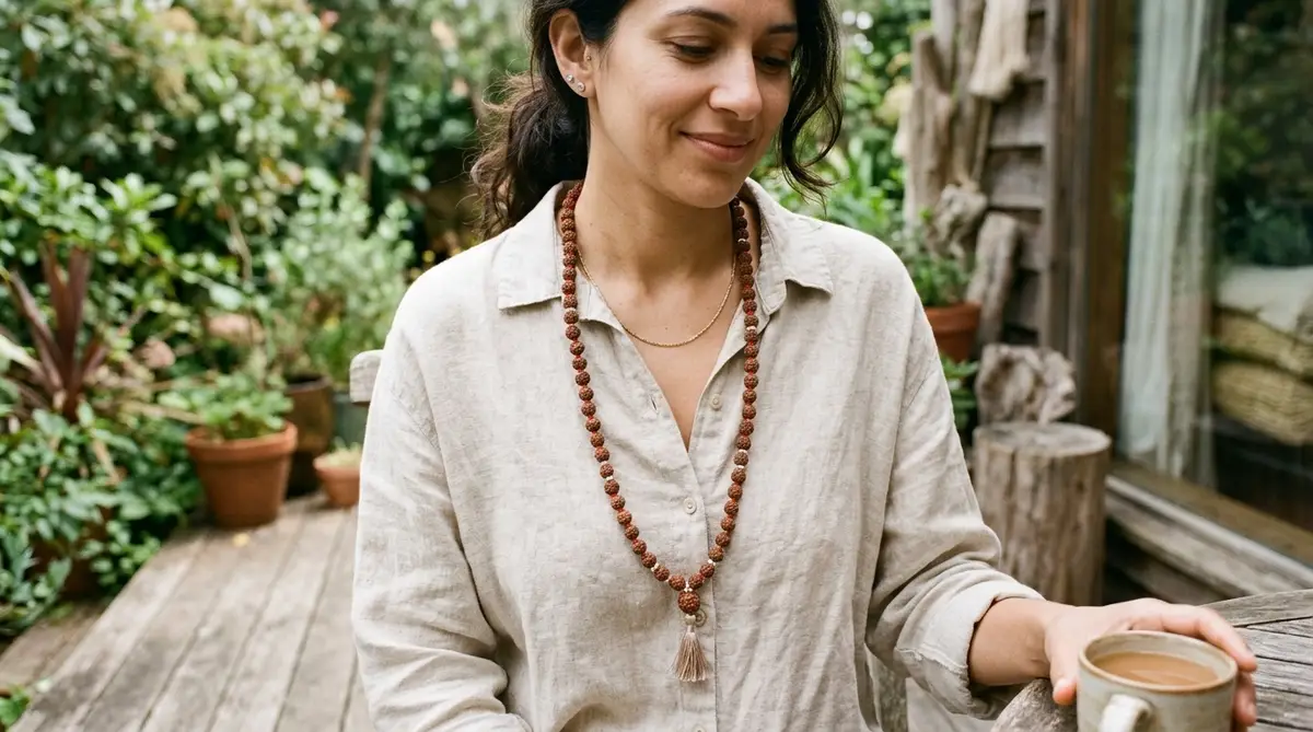 Person wearing a comfortable 7mm small-bead Rudraksha mala around their neck over a linen shirt