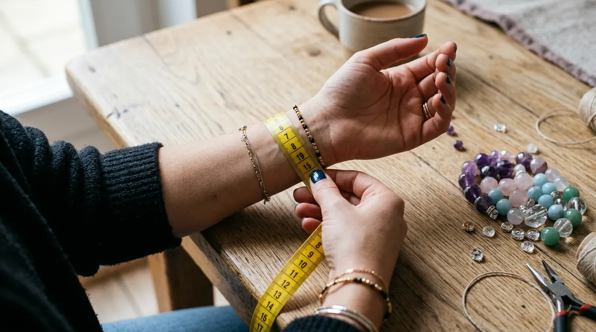 Measuring wrist circumference with a flexible tailor measuring tape for a crystal bracelet