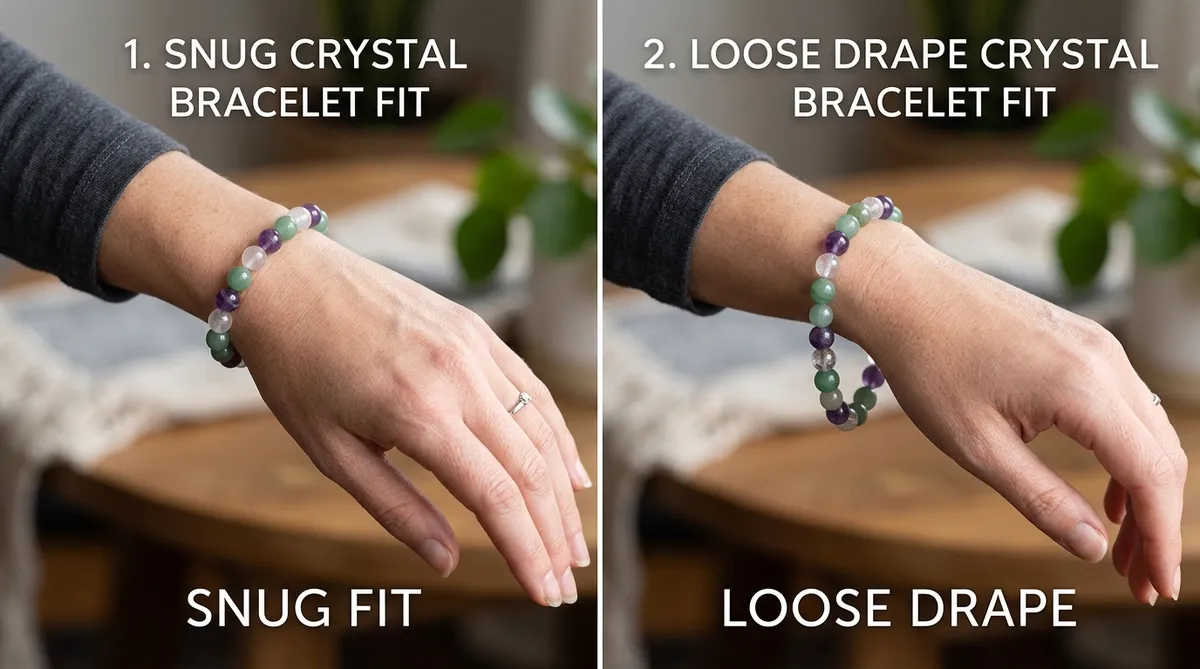Side-by-side view showing a snug crystal bracelet fit versus a loose drape on a wrist