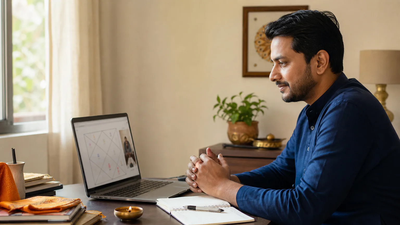 A client preparing for a private online astrology consultation at home
