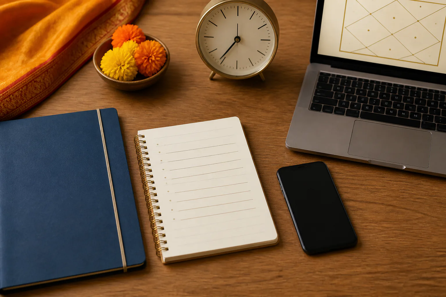 A notebook, phone, clock and laptop arranged for an online astrology consultation