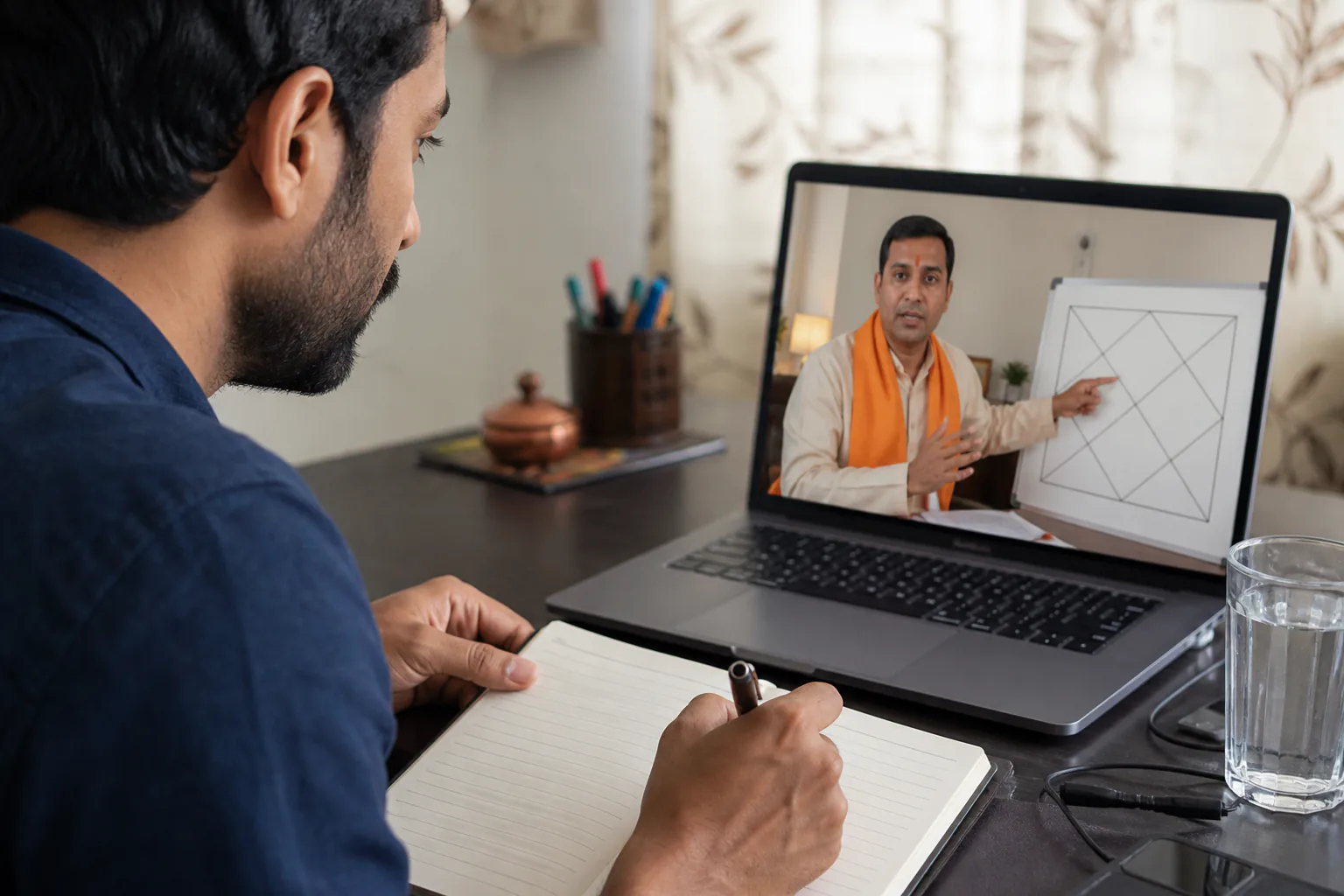 A client taking notes while an astrologer explains a chart during a video consultation