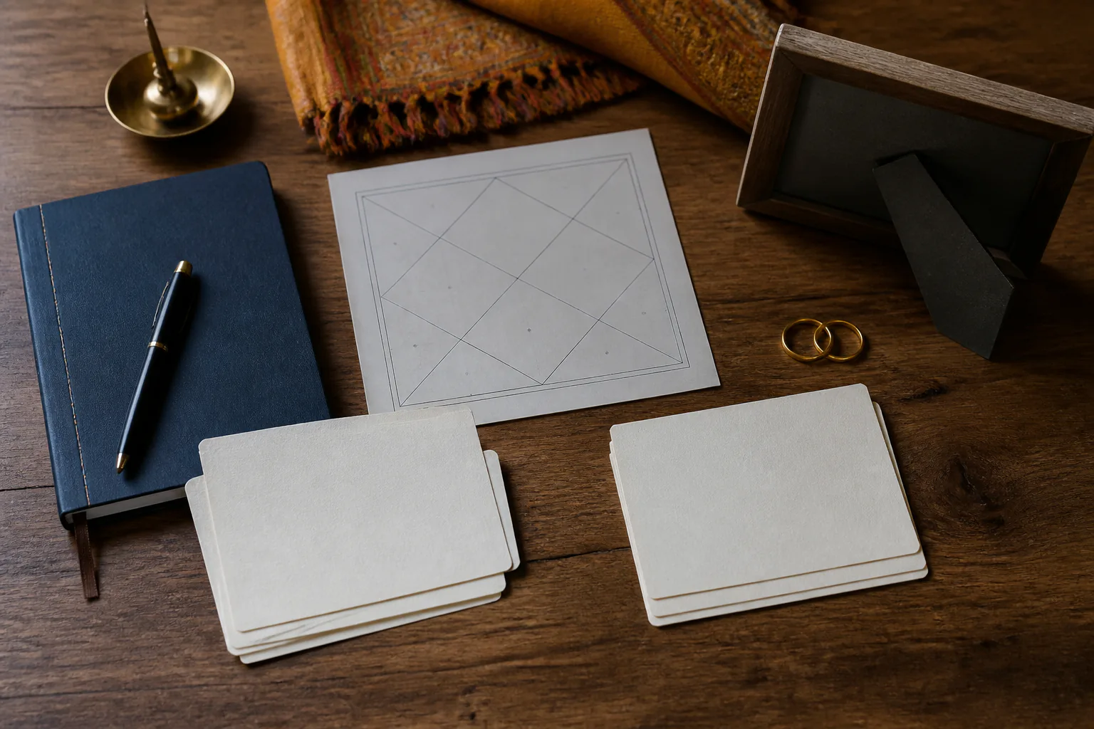 Blank question cards arranged around a notebook, rings and a simple kundli-style chart