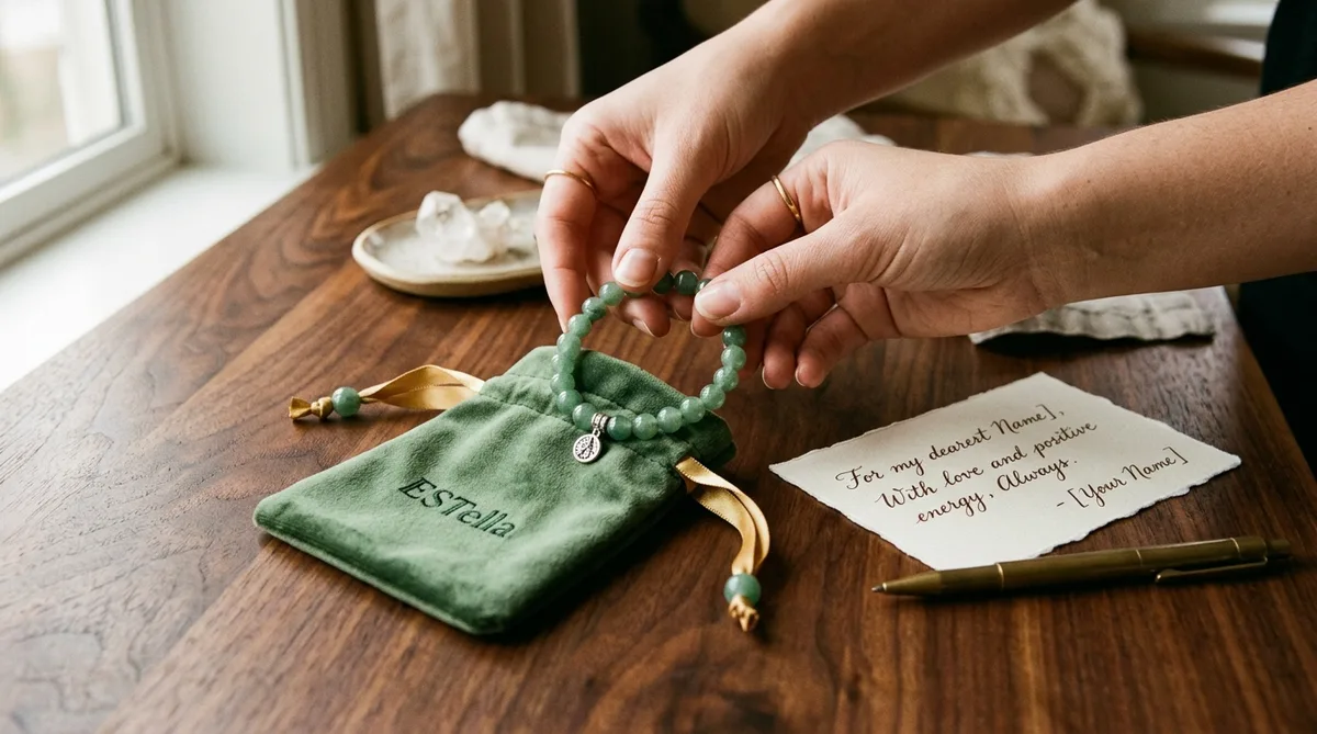 Hands placing a natural green aventurine crystal bracelet into a velvet travel pouch next to a gift note