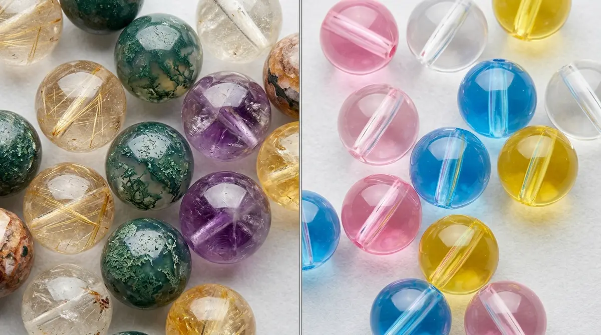 Macro side-by-side comparison of genuine natural crystal beads showing internal inclusions versus synthetic glass