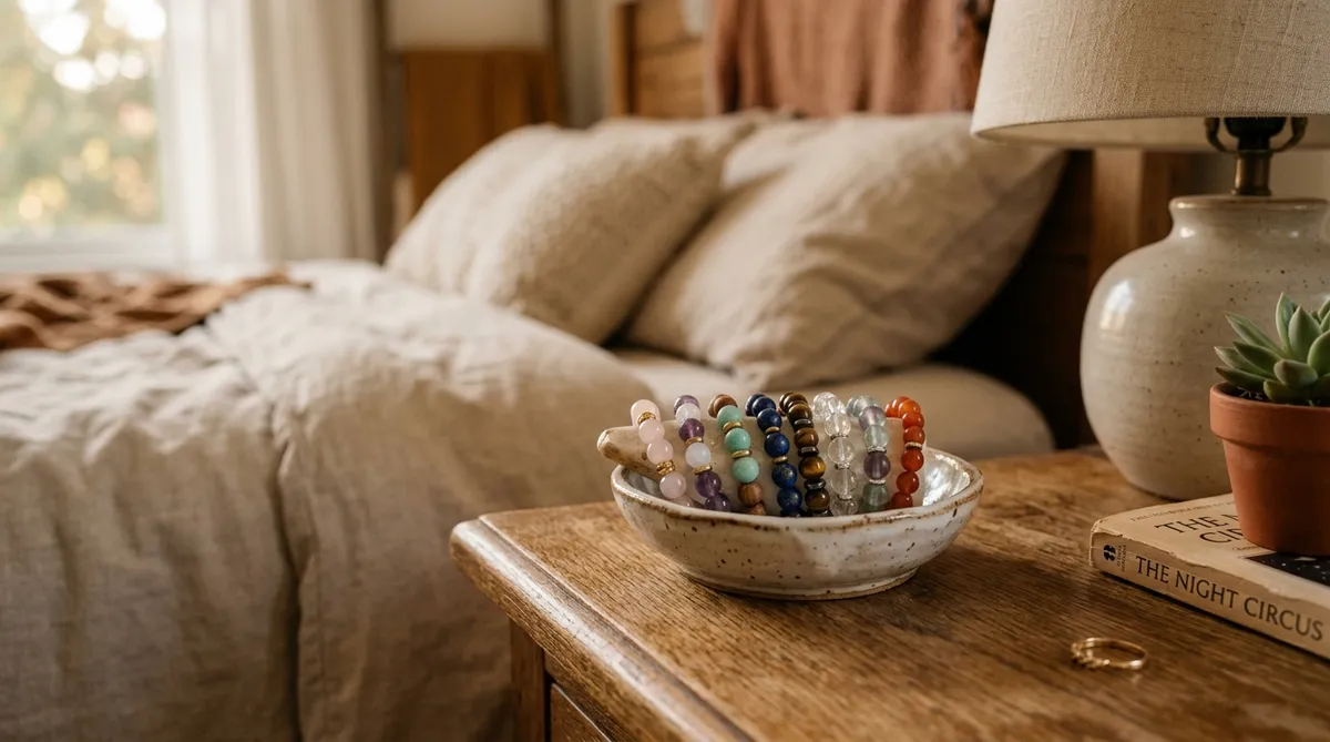 Beaded crystal gemstone bracelets resting neatly in a ceramic dish on a bedside table