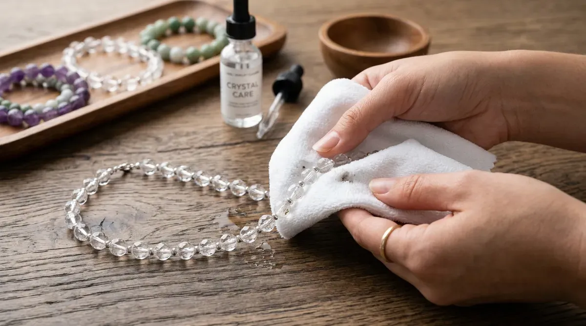 Hands taking off a beaded crystal bracelet before washing dishes at a wooden kitchen counter