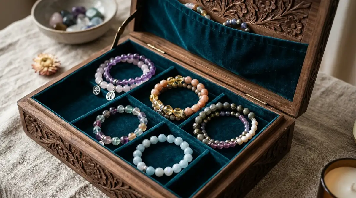 Open carved wooden jewelry box with soft velvet compartments holding organized crystal bracelets