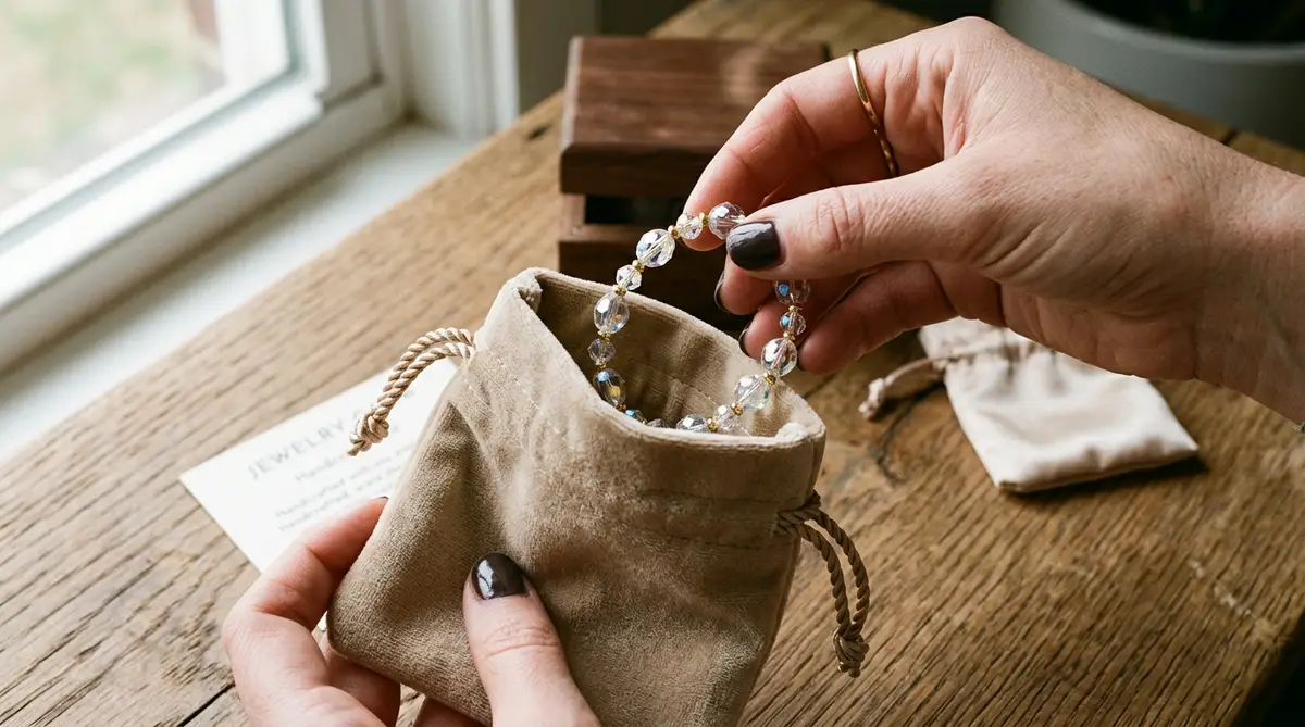 Hands placing a beaded crystal bracelet inside a soft beige velvet drawstring pouch