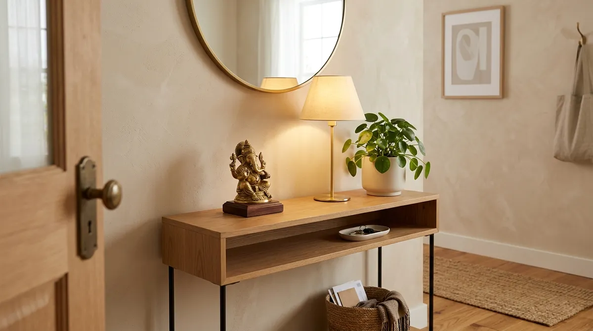 Minimalist entryway console table featuring a small brass idol, soft warm lamp light, and a potted plant