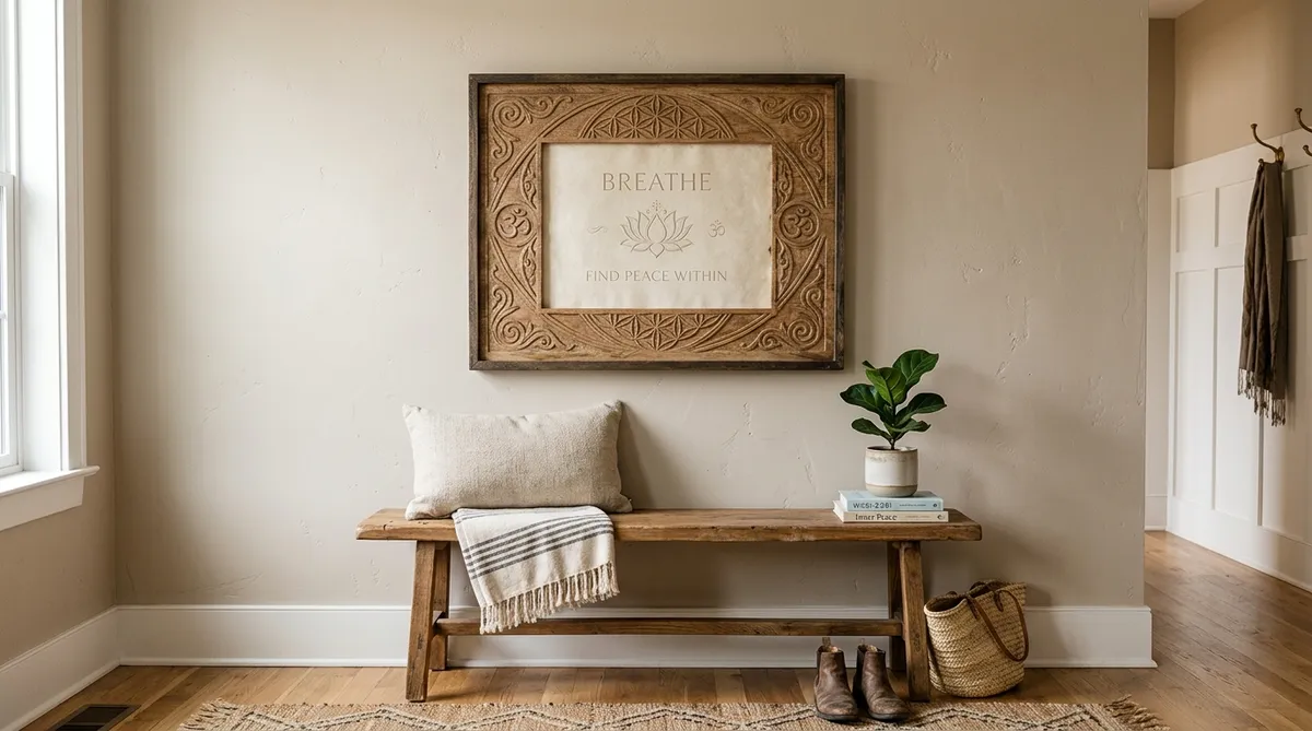 Subtle carved wooden spiritual wall frame mounted on a neutral entryway wall above a wooden bench
