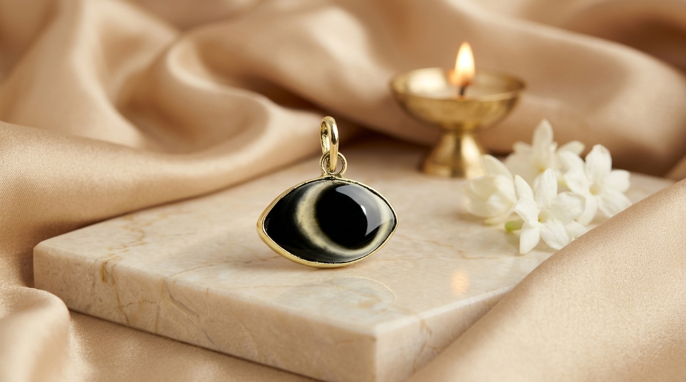 AstroJi gold-tone Aghori Evil Eye pendant on a marble altar with white jasmine flowers and a brass diya