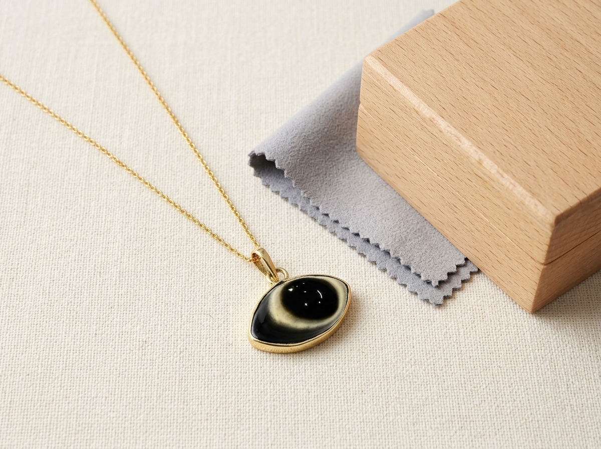 Minimalist jewelry care setup with a soft polishing cloth and wooden storage box