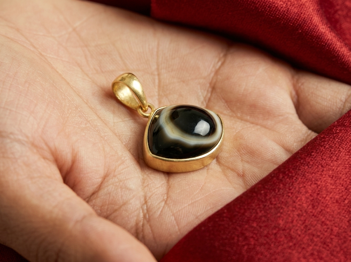 Holding the gold-framed black-and-cream evil eye stone pendant in hand