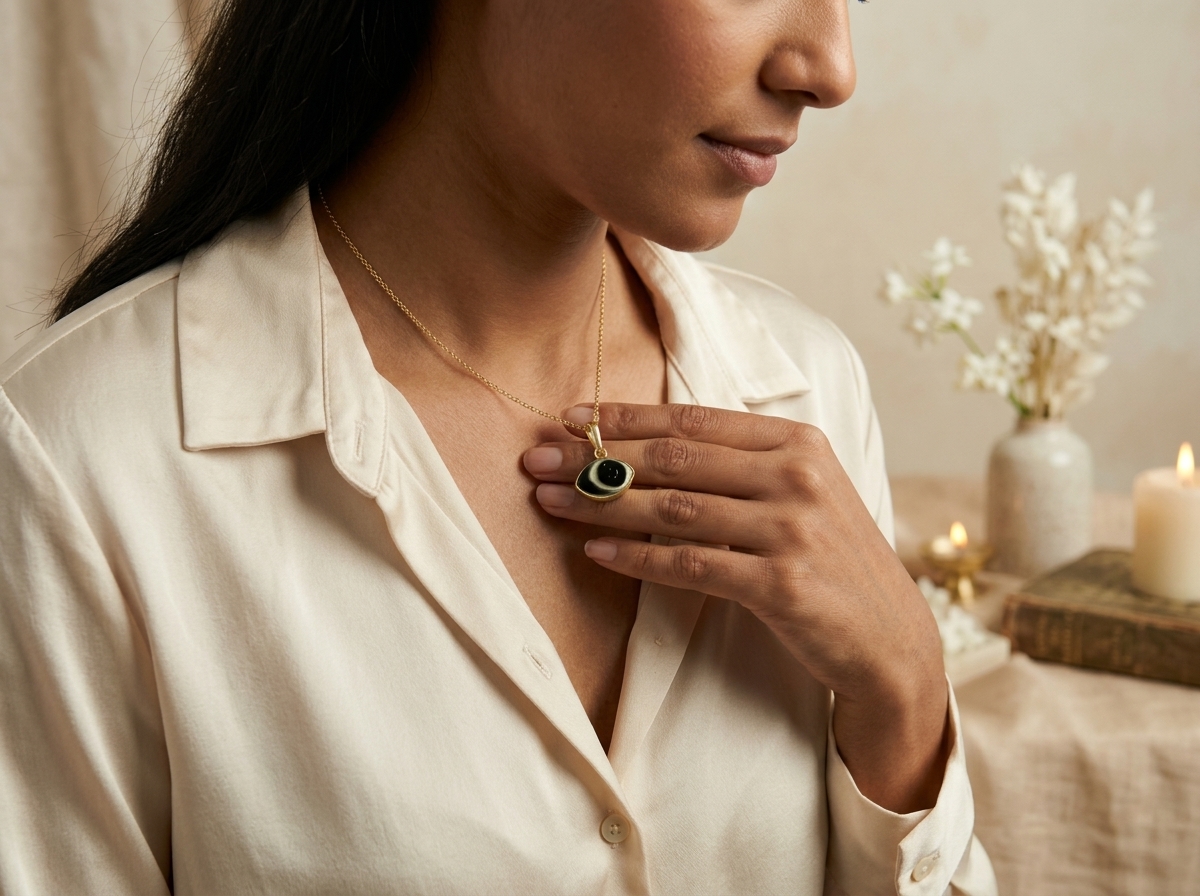 The gold-tone Aghori evil eye pendant worn on a delicate gold chain