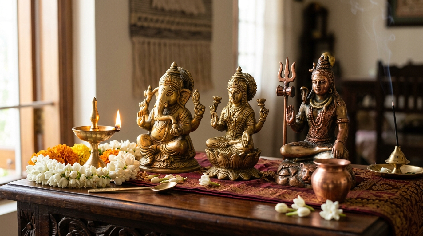 Brass and copper puja idols on a wooden home altar with fresh flowers and a diya