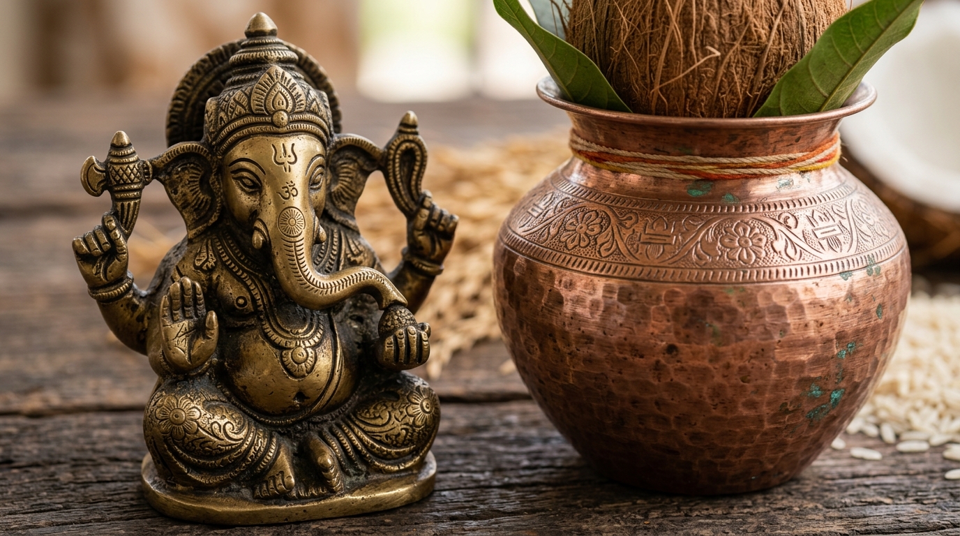 Handcrafted brass Ganesha idol next to a hammered copper Kalash