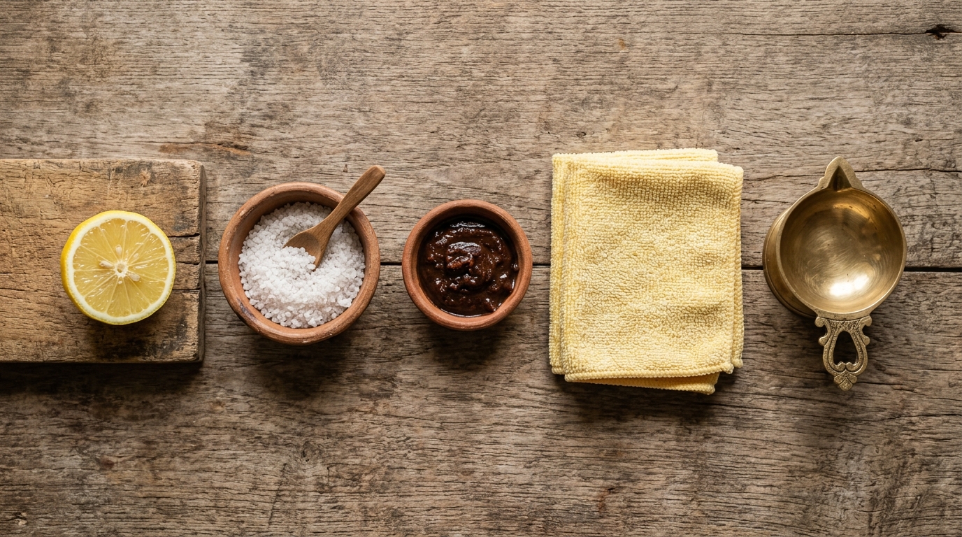 Natural cleaning supplies including lemon, salt, tamarind paste, and soft cotton cloth