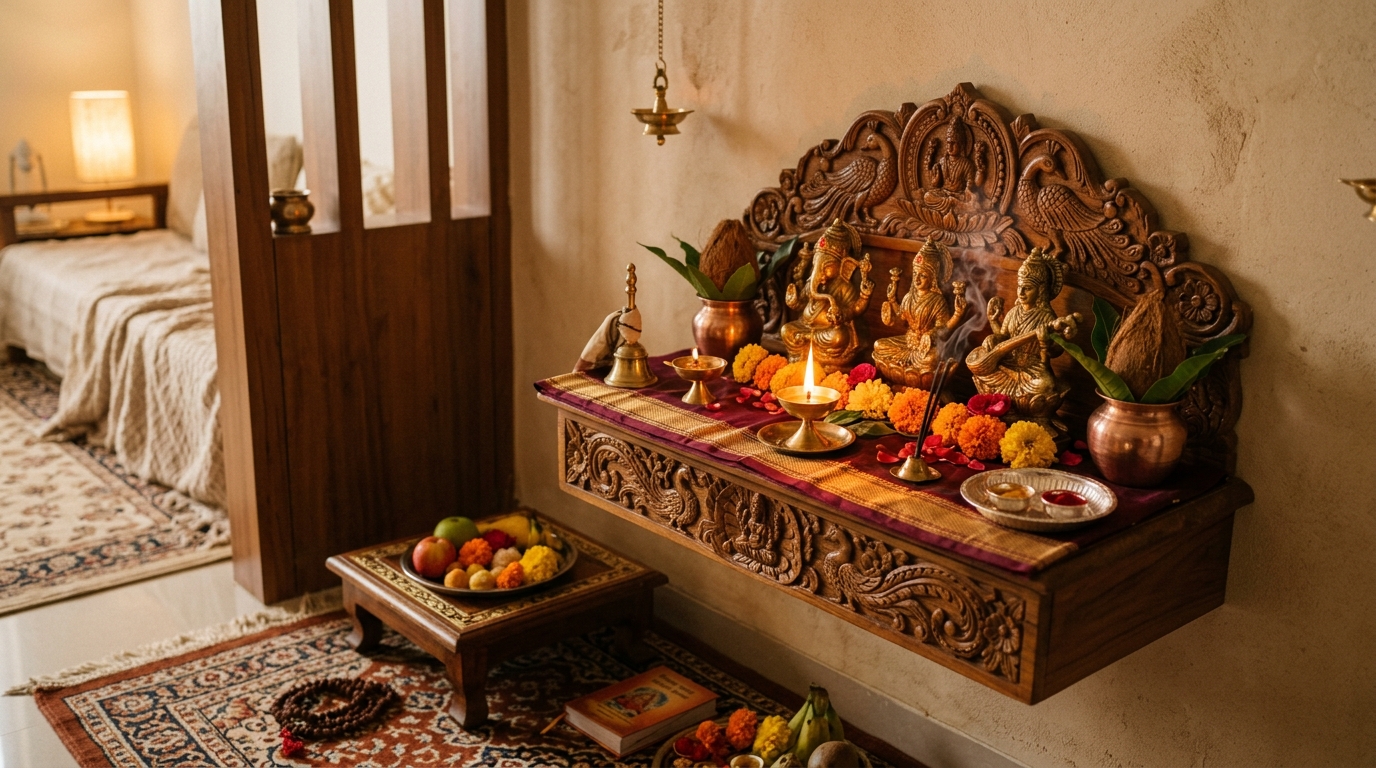 Well-organized wooden home mandir with brass idols, diya, and fresh flowers