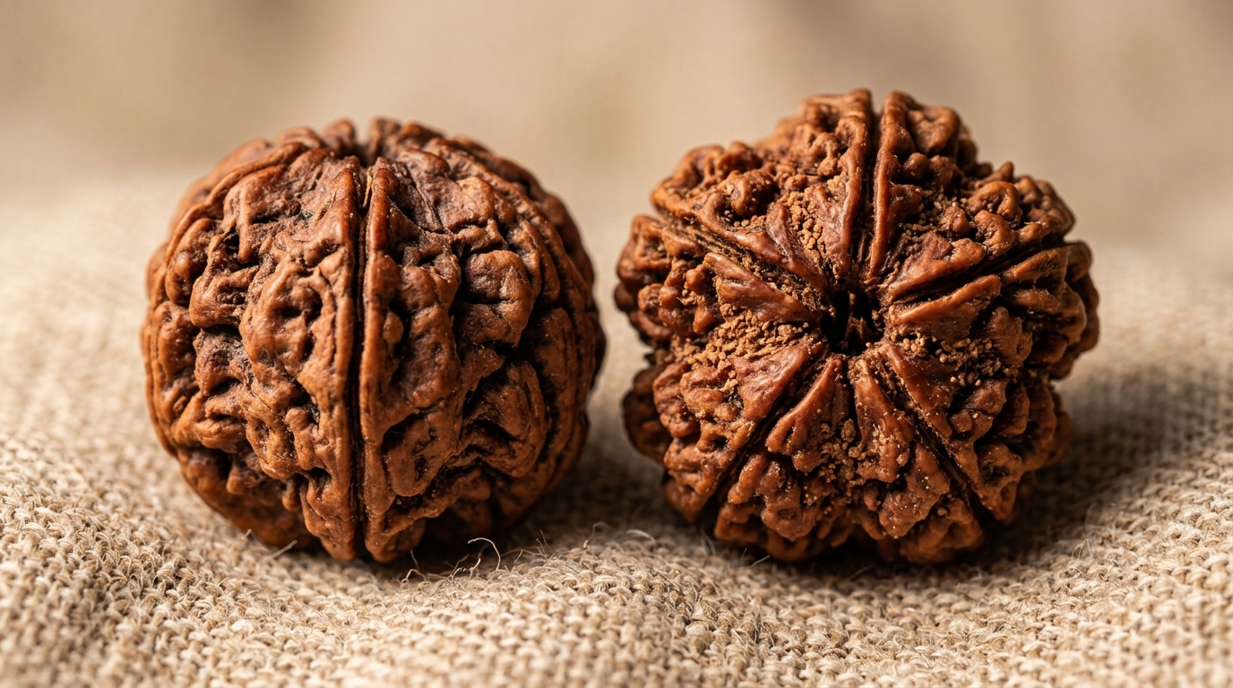 Close-up macro photograph of genuine 5-Mukhi Nepali Rudraksha beads showing deep organic contours