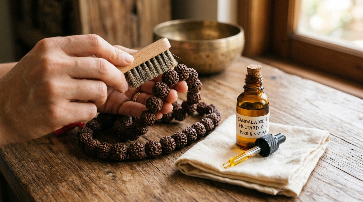 Gentle maintenance of Rudraksha beads using a soft natural bristle brush and pure conditioning oil