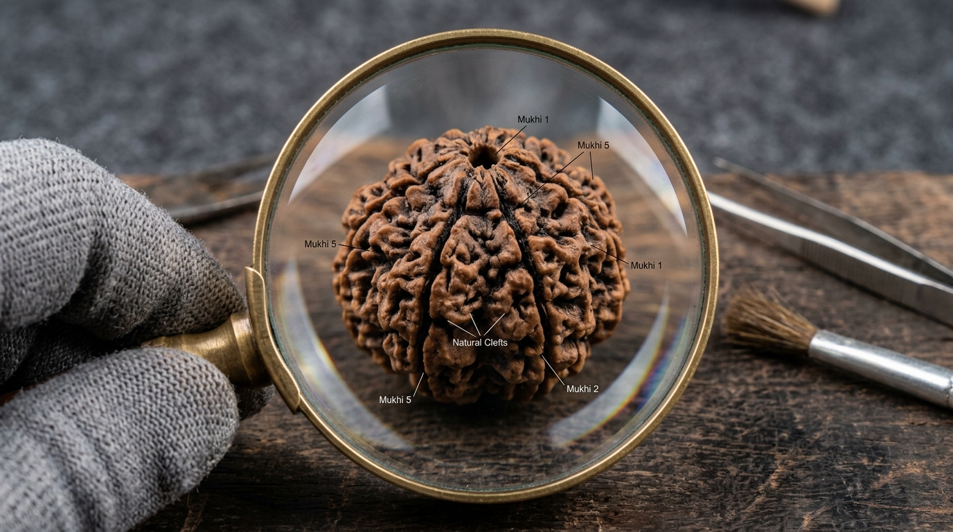 Macro inspection of a natural Rudraksha bead using a magnifying loupe showing organic cleft contours
