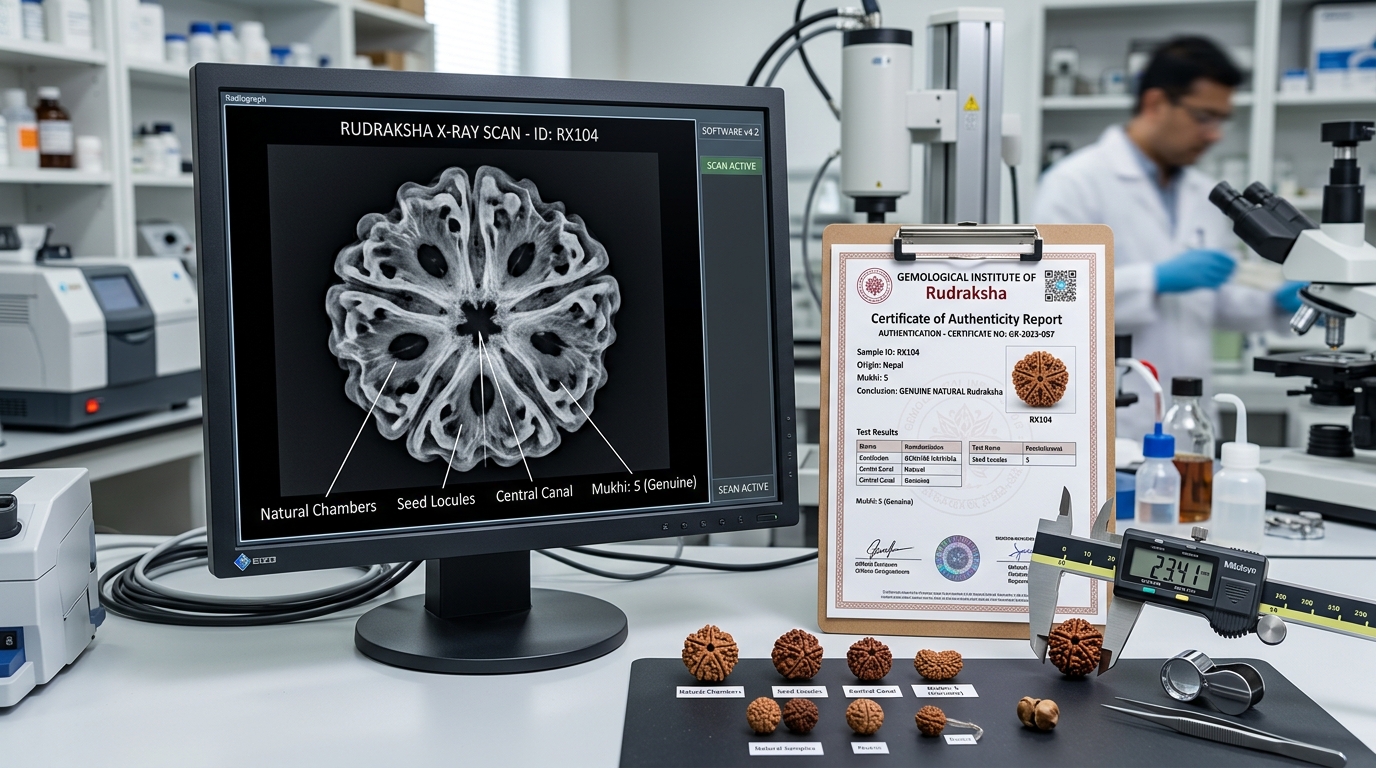 Gemological laboratory digital X-ray radiograph scan showing internal seed locules of genuine Rudraksha