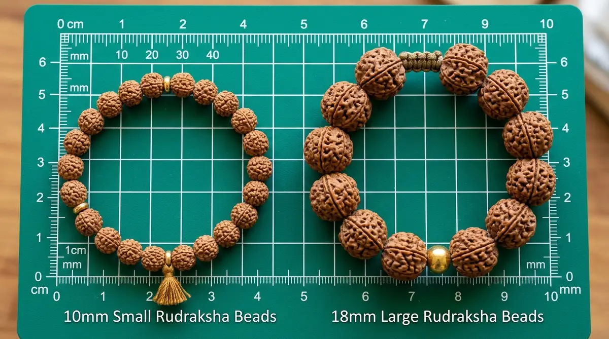 Bead size comparison showing 6mm small beads next to 14mm large Rudraksha beads