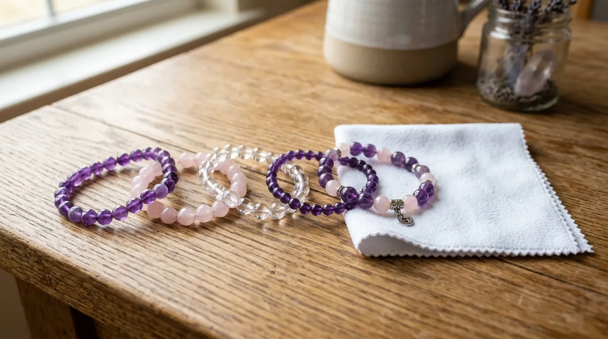 Glowing iridescent Moonstone beaded bracelet next to a clean microfiber cloth