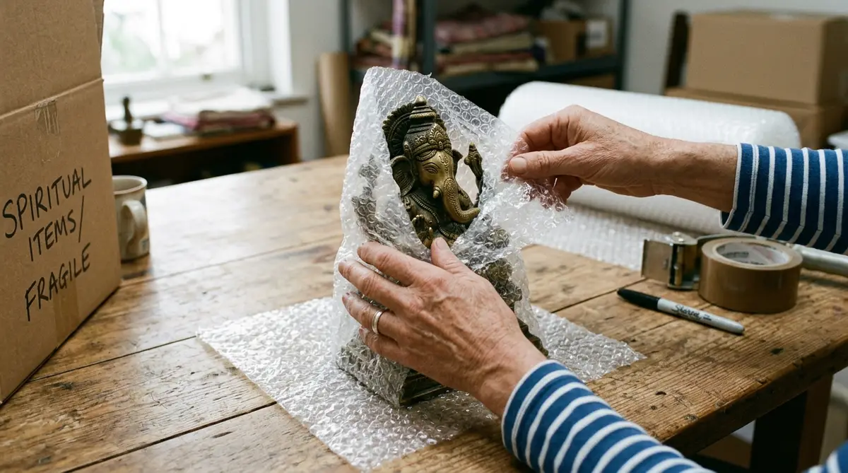 Hands wrapping a handcrafted solid brass spiritual idol carefully in clear bubble wrap