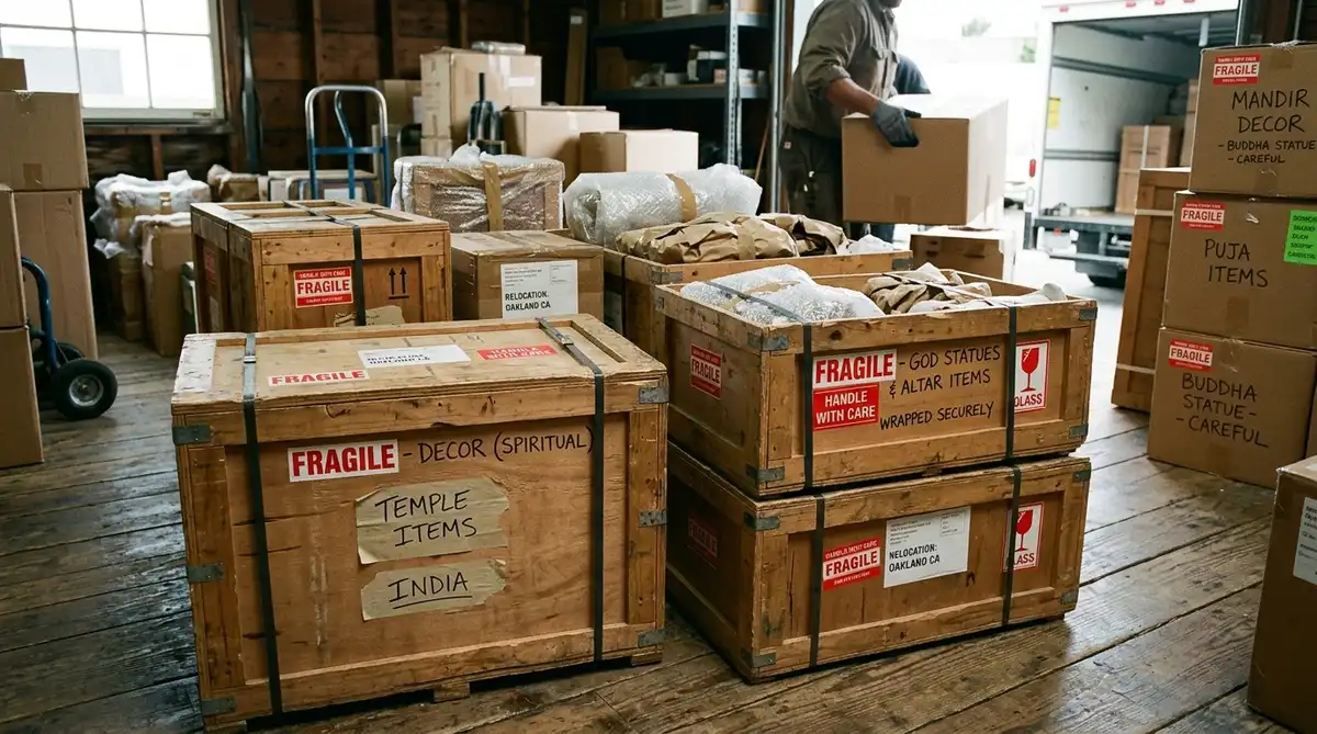 Packed wooden boxes with fragile labels containing wrapped spiritual decor items ready for moving