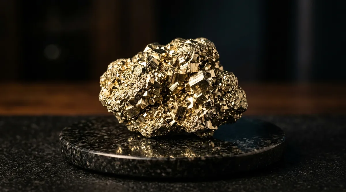 Sparkling golden raw Pyrite crystal cluster resting on a polished dark granite coaster