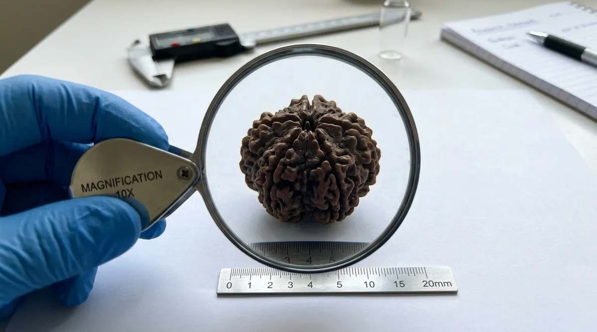 Inspecting Mukhi lines on a natural Rudraksha bead under a magnifying jeweler loupe