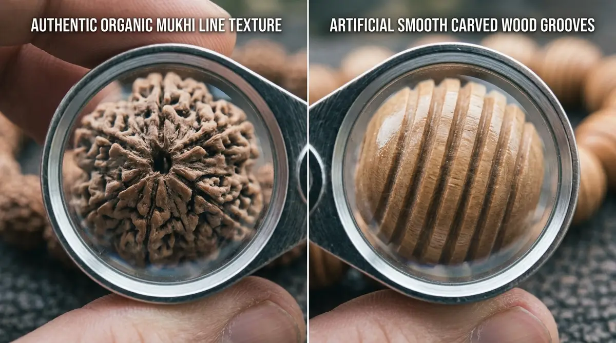 Macro detail showing authentic organic Mukhi line texture versus artificial smooth carved wood grooves