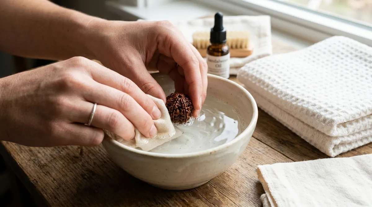 Gentle cleaning of a natural Rudraksha bead in a bowl of clean warm water with soft towel nearby