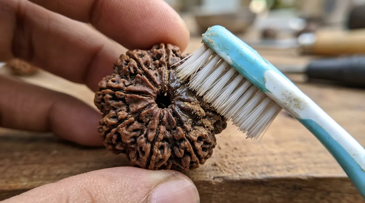 Macro photo of a soft-bristle toothbrush clearing dust out of deep organic Mukhi grooves on a Rudraksha bead