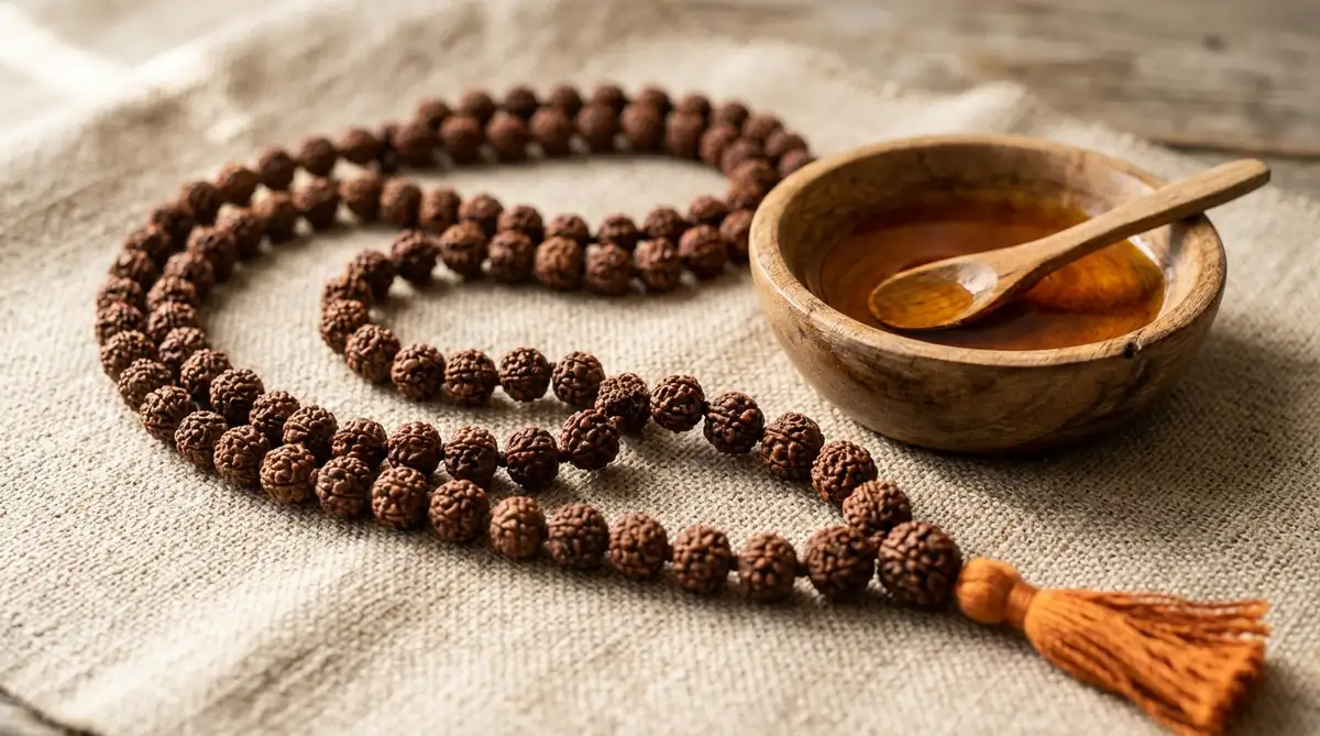 Authentic natural Rudraksha mala resting on beige linen next to a wooden oil bowl