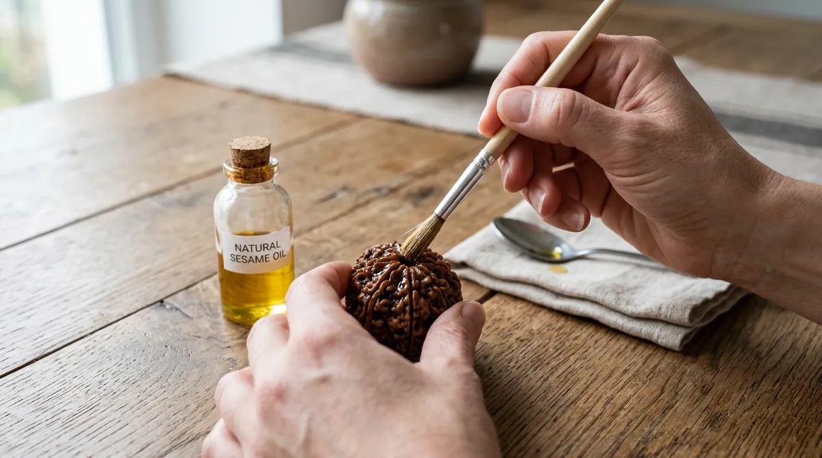 Hands using a soft brush to apply natural sesame oil to a Rudraksha bead