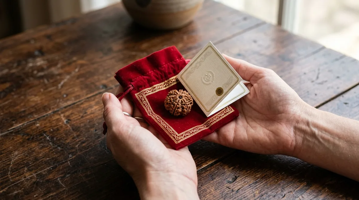 Hands holding a small velvet gift pouch containing a natural 5-Mukhi Rudraksha bead and care card