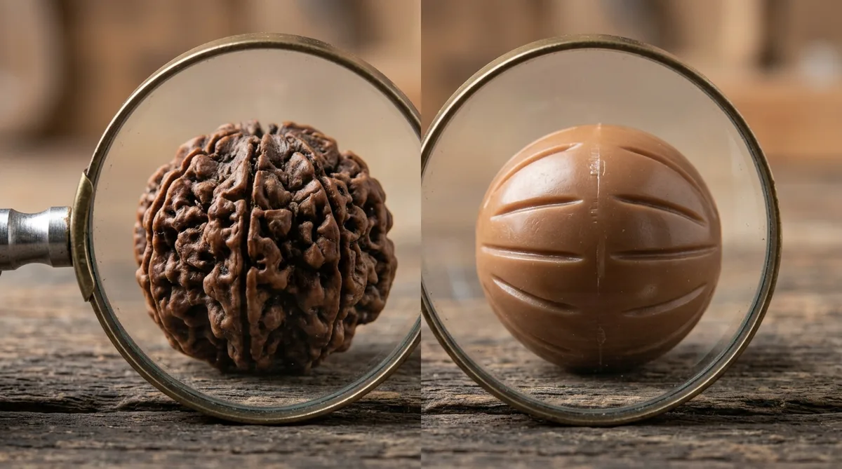 Macro comparison showing natural organic Rudraksha bead grooves versus artificial carved plastic