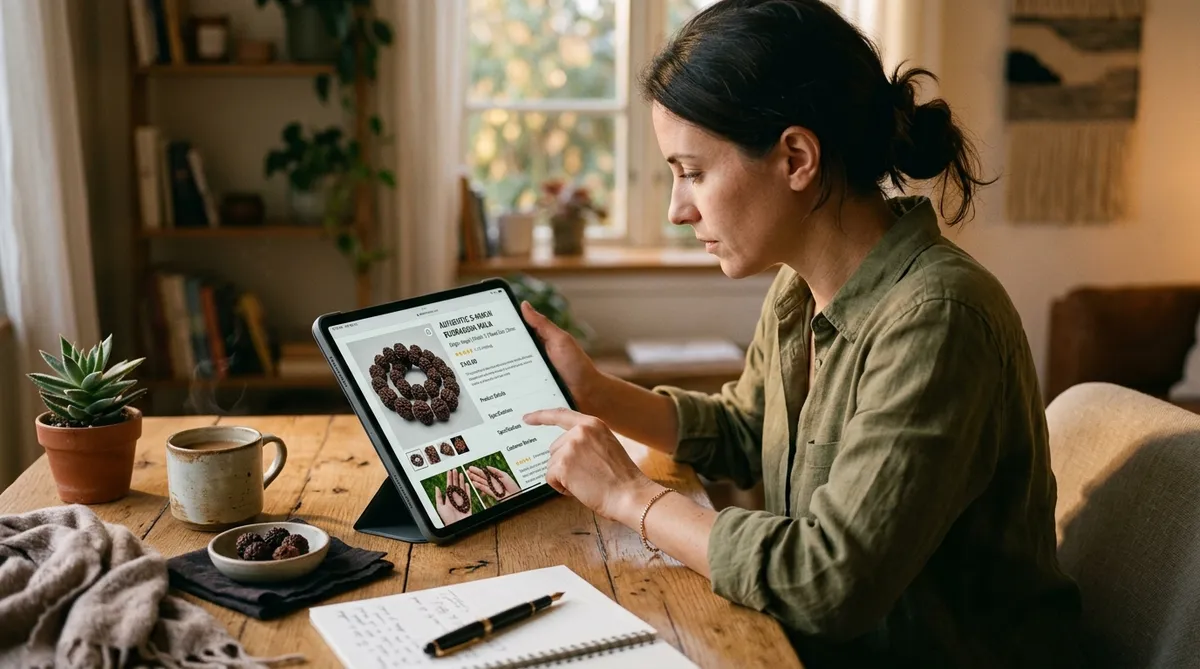 An online buyer examining a detailed Rudraksha bead product page on a tablet computer