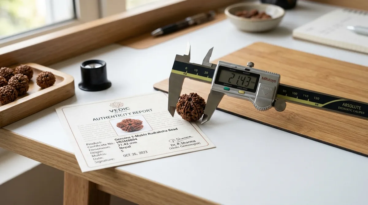 Digital caliper measuring the exact millimeter diameter of a natural Rudraksha bead next to an authenticity card