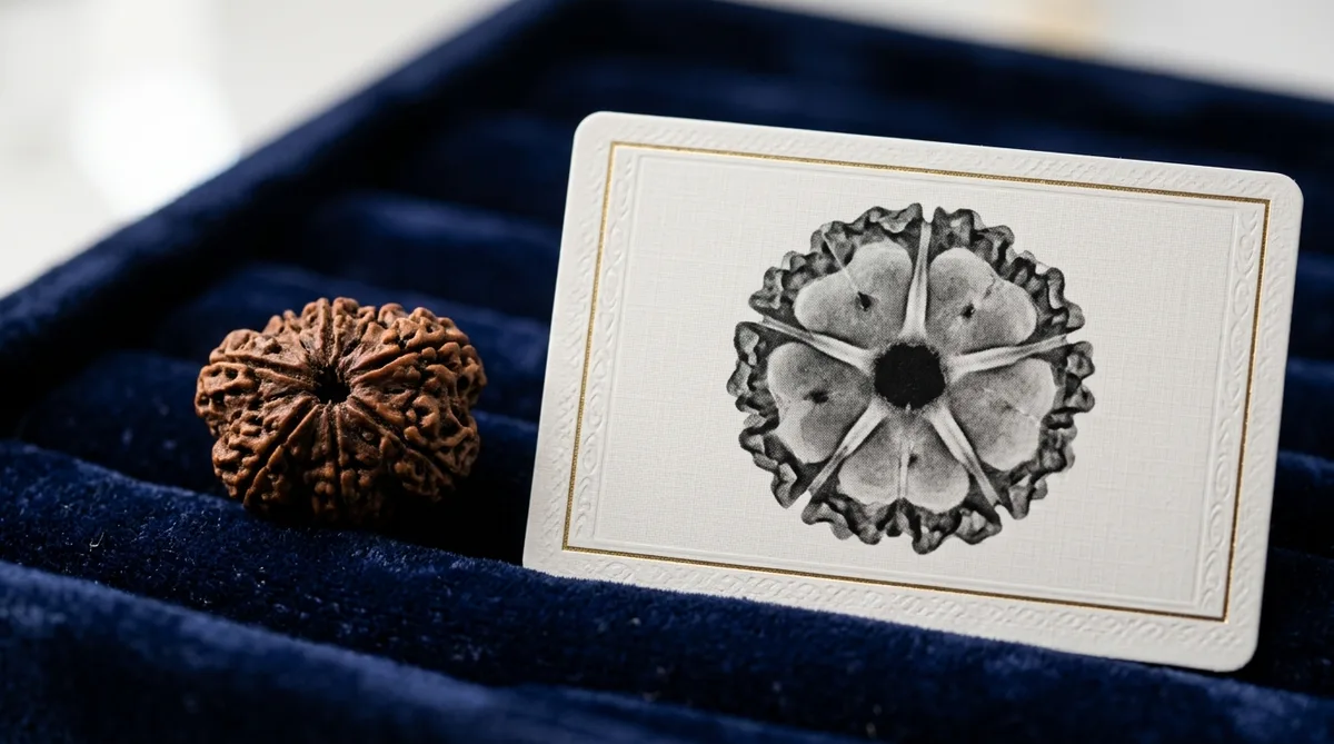 Printed gemological certificate card showing an X-Ray radiograph scan next to a natural Rudraksha bead