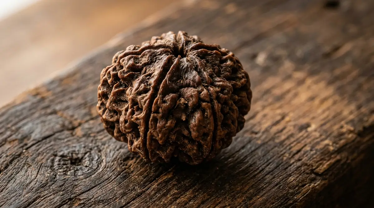 Natural Rudraksha mala stored inside a polished carved wooden bowl lined with silk cloth