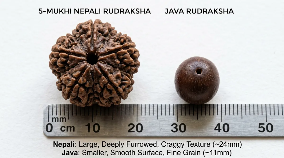Hands wrapping a Rudraksha bead mala in breathable unbleached cotton fabric on a wooden table