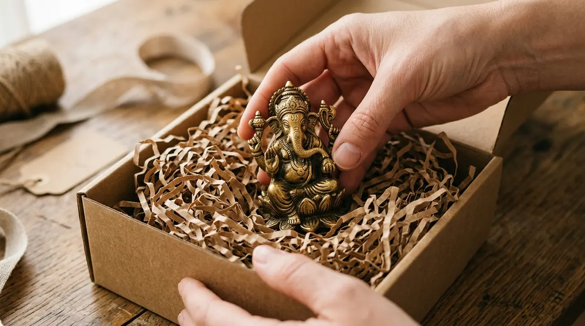 Hands placing a small solid brass Ganesha idol into a gift presentation box filled with paper packaging