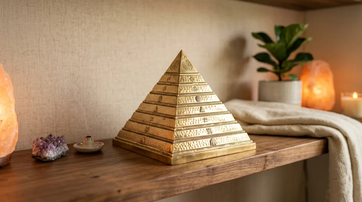 Multi-tier brass Vastu pyramid antenna placed neatly on a prayer shelf